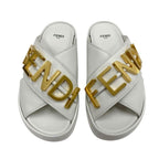 Fendi Sandals Shoes Leather White Gold Metal Logo — view 2