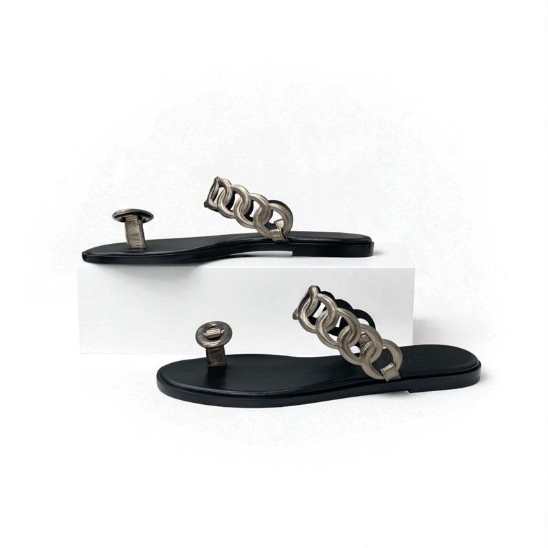 Hermes Eos Sandals Shoes Leather Black Metallic Chaine D'ancre Flat — view 3