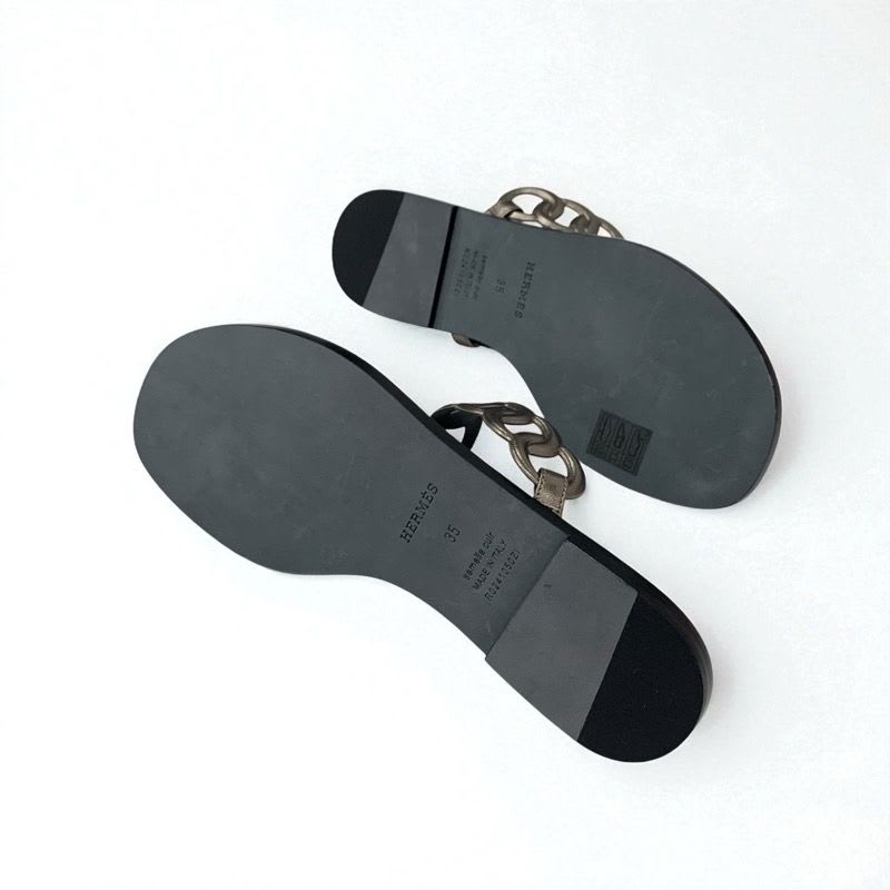 Hermes Eos Sandals Shoes Leather Black Metallic Chaine D'ancre Flat — view 6