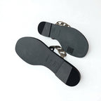 Hermes Eos Sandals Shoes Leather Black Metallic Chaine D'ancre Flat — view 6