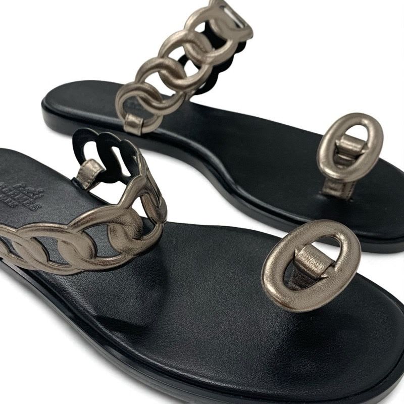 Hermes Eos Sandals Shoes Leather Black Metallic Chaine D'ancre Flat — view 9