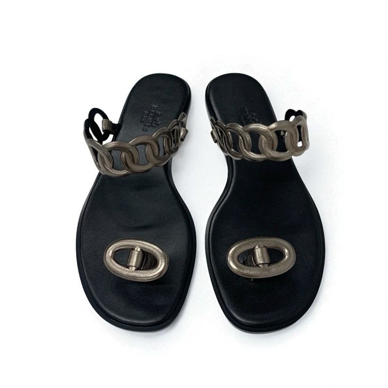 Hermes Eos Sandals Shoes Leather Black Metallic Chaine D'ancre Flat — view 2