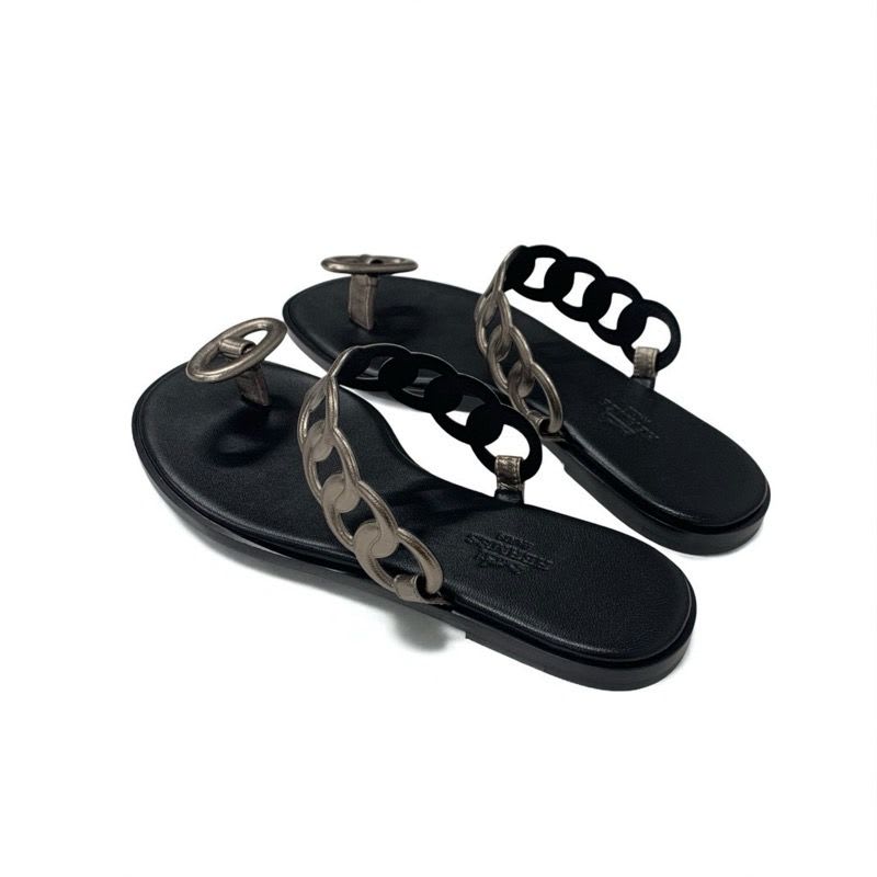 Hermes Eos Sandals Shoes Leather Black Metallic Chaine D'ancre Flat — view 4