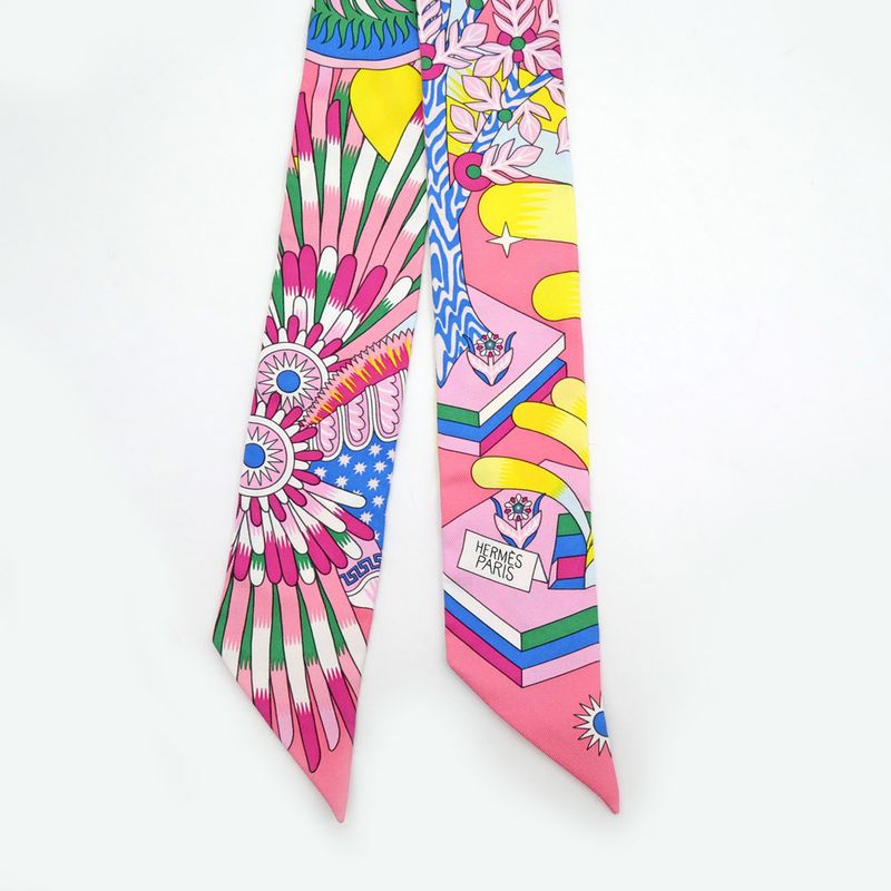 Hermes Twilly Source Of Pegase Pegasus Pink Multicolor Yellow Silk Scarf — view 3