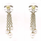 Chanel Pearl Chain Coco Mark Earrings Metal Rai White Gold B25 a S Rank — view 4