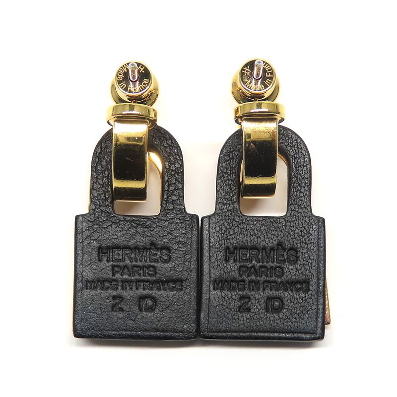 Hermes O-kelly Earrings GP Cadena Gold Black Leather Z Carved — view 5