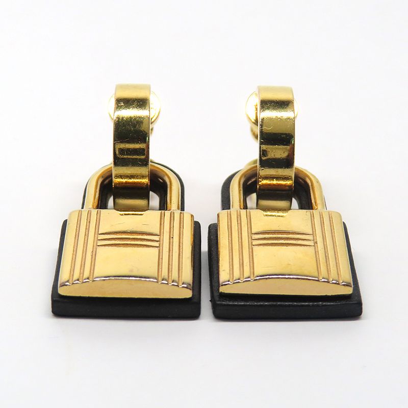 Hermes O-kelly Earrings GP Cadena Gold Black Leather Z Carved — view 6