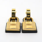 Hermes O-kelly Earrings GP Cadena Gold Black Leather Z Carved — view 6