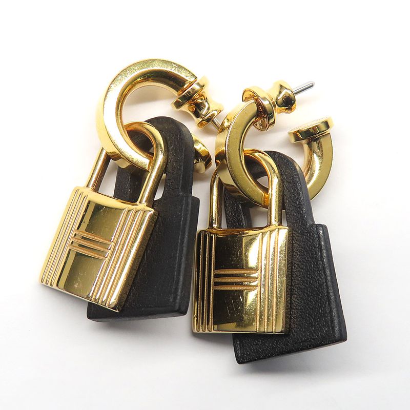 Hermes O-kelly Earrings GP Cadena Gold Black Leather Z Carved — view 9