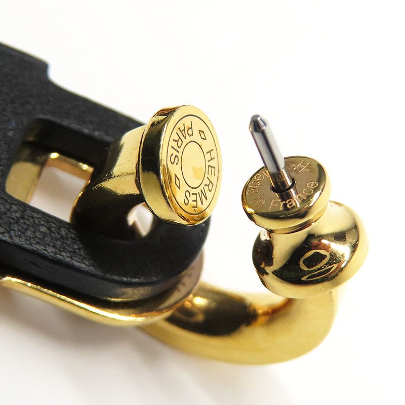 Hermes O-kelly Earrings GP Cadena Gold Black Leather Z Carved — view 7
