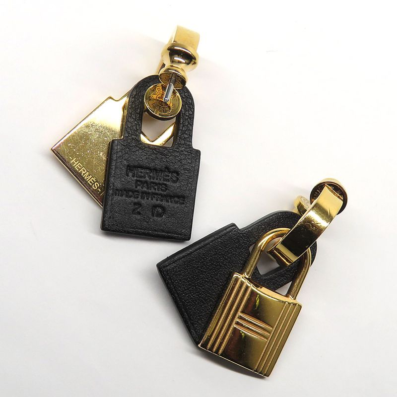 Hermes O-kelly Earrings GP Cadena Gold Black Leather Z Carved — view 8