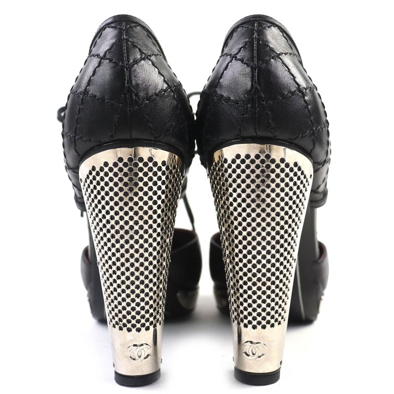 Chanel Coco Mark Quilted Lace Up Leather Pumps Black Silver 36 — view 4