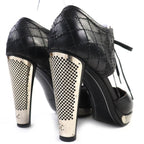 Chanel Coco Mark Quilted Lace Up Leather Pumps Black Silver 36 — view 5