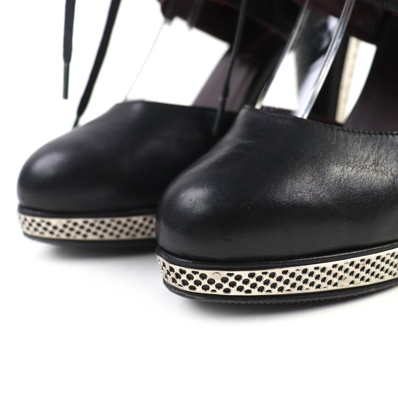 Chanel Coco Mark Quilted Lace Up Leather Pumps Black Silver 36 — view 6