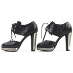 Chanel Coco Mark Quilted Lace Up Leather Pumps Black Silver 36 — view 2