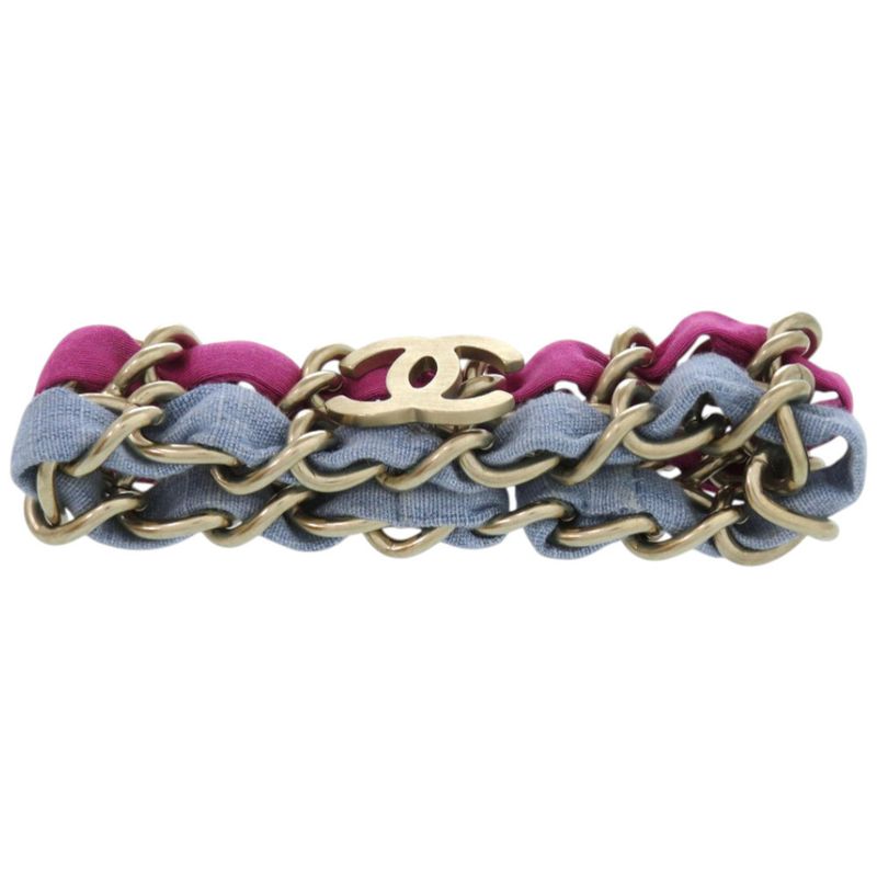 Chanel 2 Chain Coco Mark Metal Fabric Purple Light Blue Bracelet 0837 — view 5