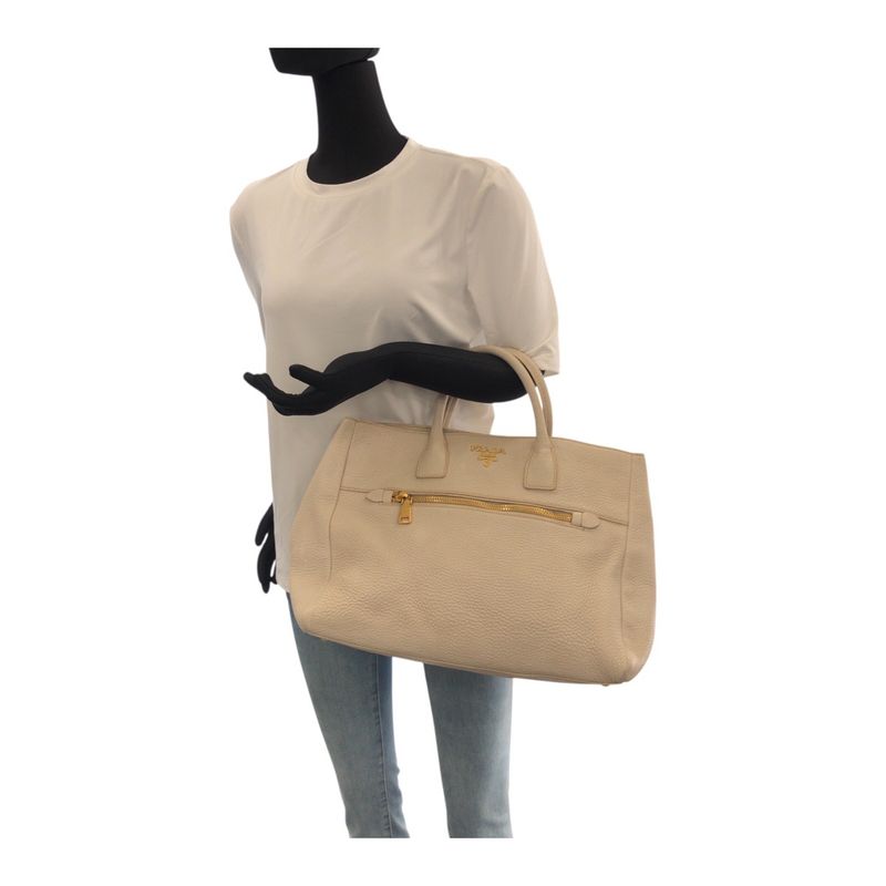 Prada Vitello Off White Ivory Gold Hardware Leather Tote Handbag — view 7