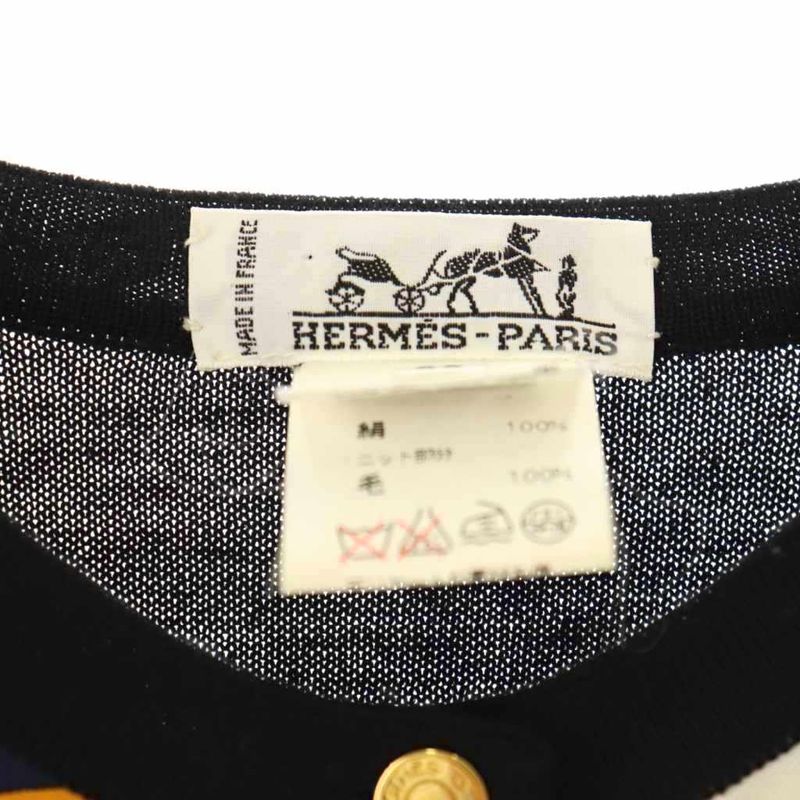 Hermes Serie Button Scarf Pattern Cardigan Knit Long Sleeves Wool Silk 38 Black — view 5