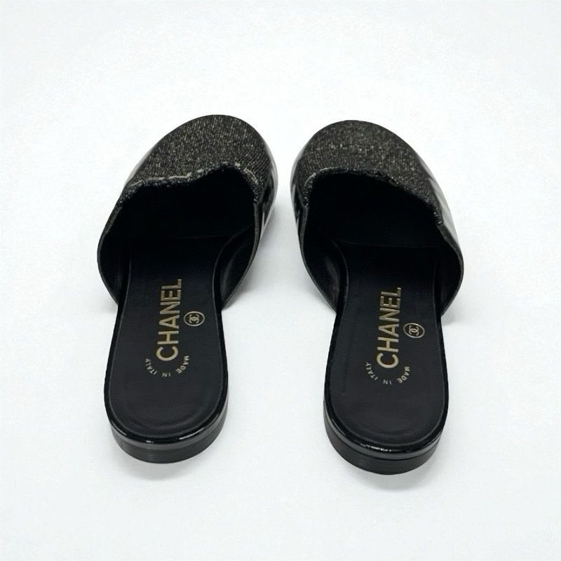 Chanel Flat Shoes Patent Fabric Black Gold Mule Logo Lame — view 4