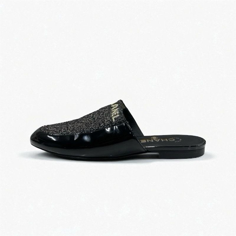 Chanel Flat Shoes Patent Fabric Black Gold Mule Logo Lame — view 3