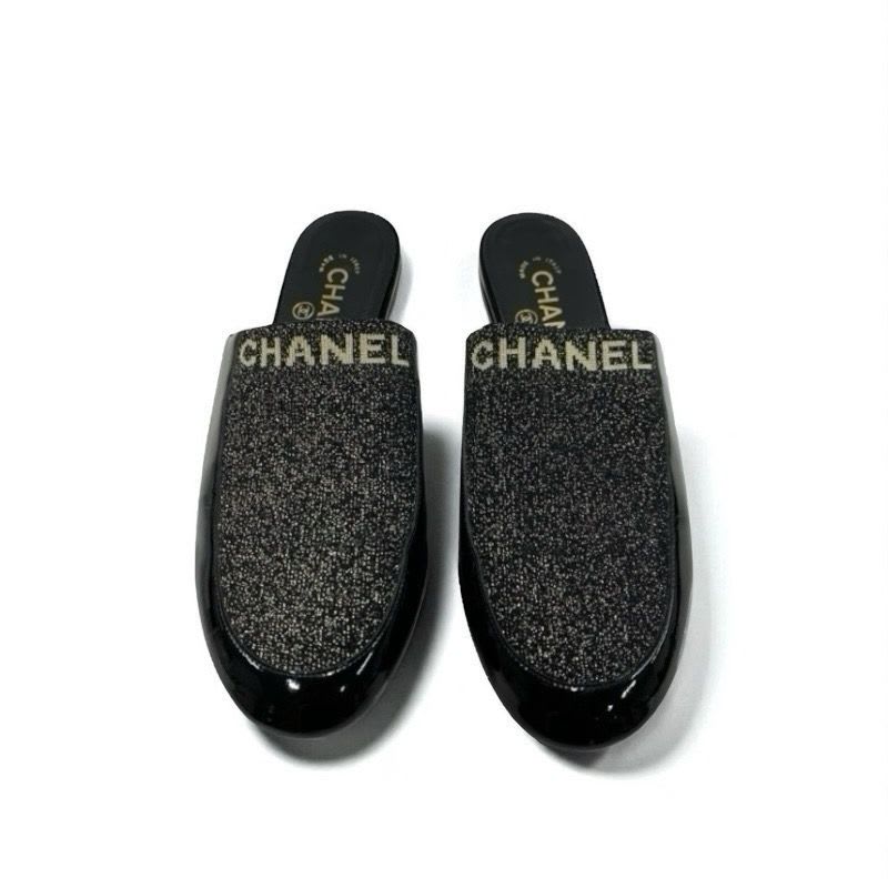 Chanel Flat Shoes Patent Fabric Black Gold Mule Logo Lame — view 2
