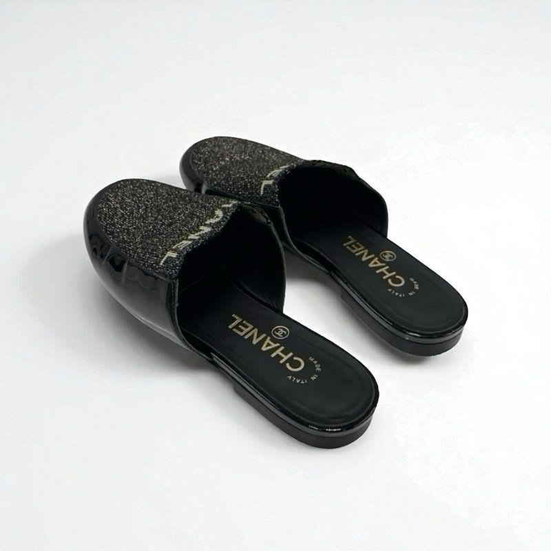 Chanel Flat Shoes Patent Fabric Black Gold Mule Logo Lame — view 5