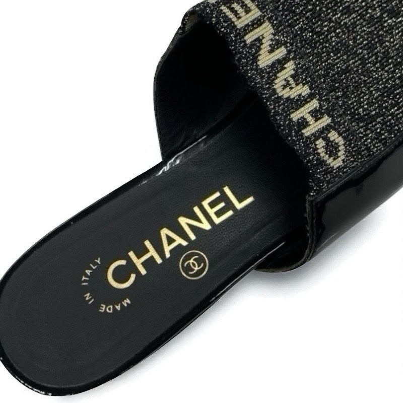 Chanel Flat Shoes Patent Fabric Black Gold Mule Logo Lame — view 7