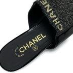 Chanel Flat Shoes Patent Fabric Black Gold Mule Logo Lame — view 7