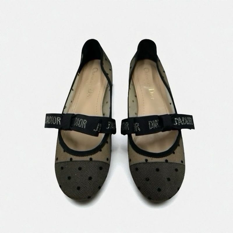 Christian Dior Ja Flat Shoes Mesh Fabric Black Logo Dot Ribbon Rhinestone — view 2