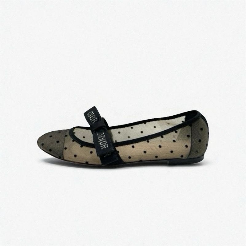 Christian Dior Ja Flat Shoes Mesh Fabric Black Logo Dot Ribbon Rhinestone — view 3