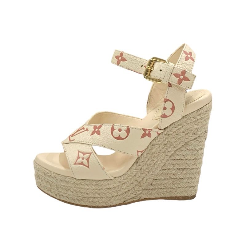 Louis Vuitton Starboard Line Monogram Sandals Shoes Leather Beige Wedge Sole — view 3