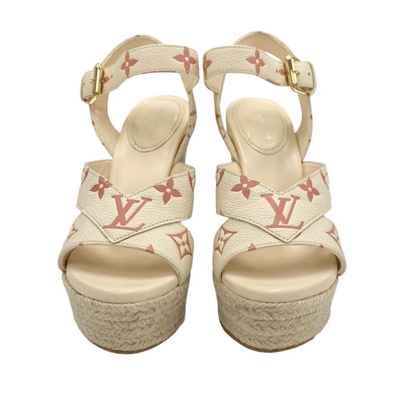 Louis Vuitton Starboard Line Monogram Sandals Shoes Leather Beige Wedge Sole — view 2