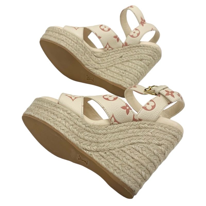 Louis Vuitton Starboard Line Monogram Sandals Shoes Leather Beige Wedge Sole — view 6