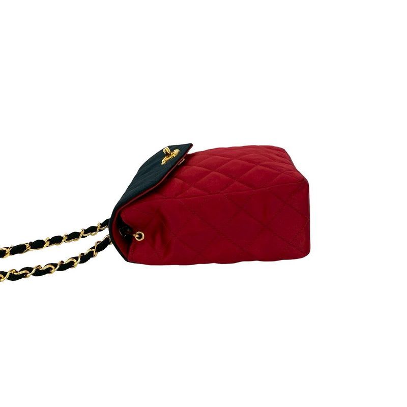 Chanel Vintage Quilted Satin Chain Shoulder Bag Black Red — view 6