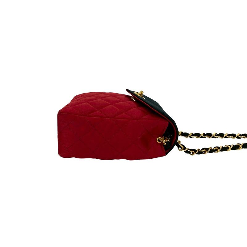 Chanel Vintage Quilted Satin Chain Shoulder Bag Black Red — view 7