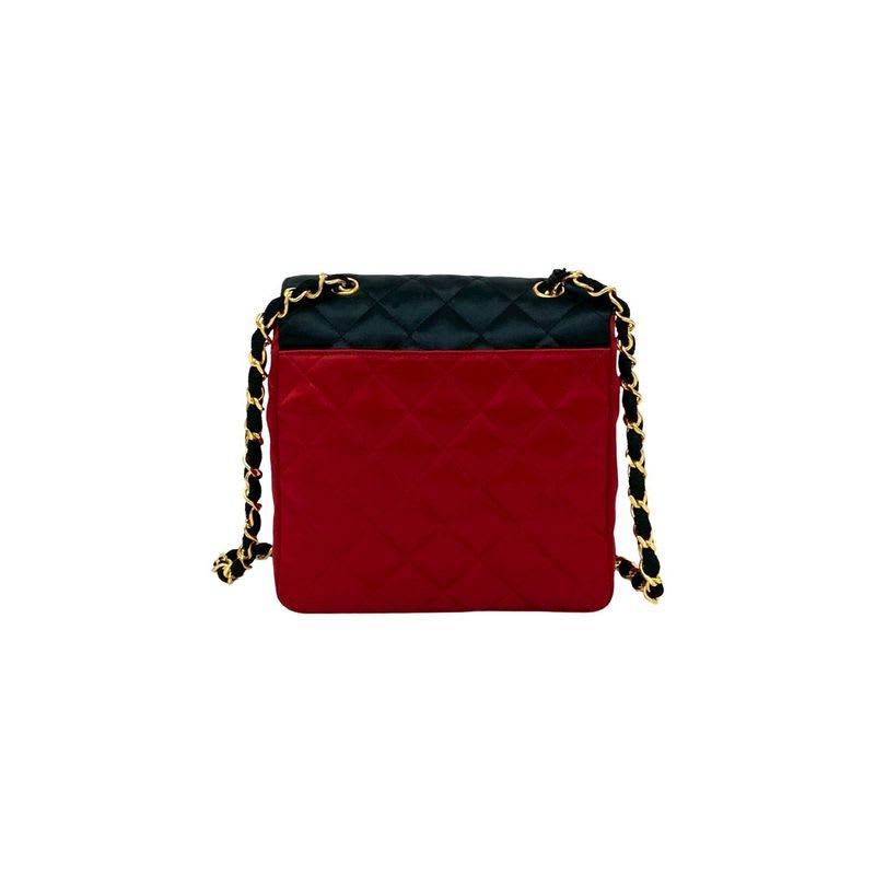 Chanel Vintage Quilted Satin Chain Shoulder Bag Black Red — view 4