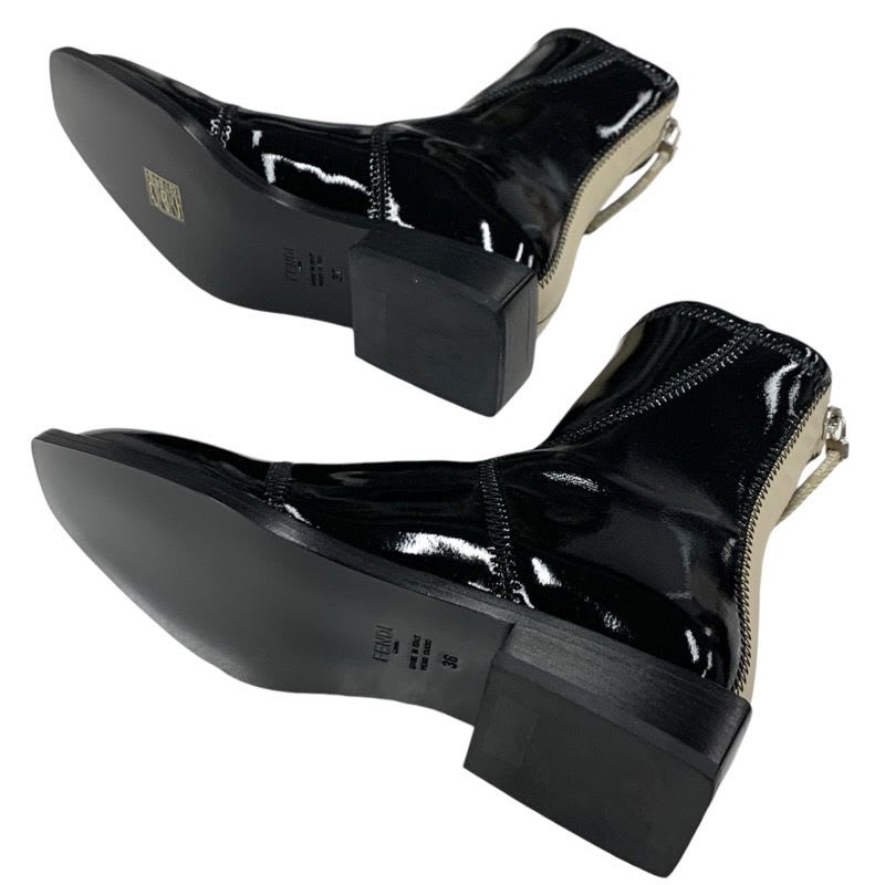 Fendi Boots Short Shoes Patent Black Beige Back Zip — view 6