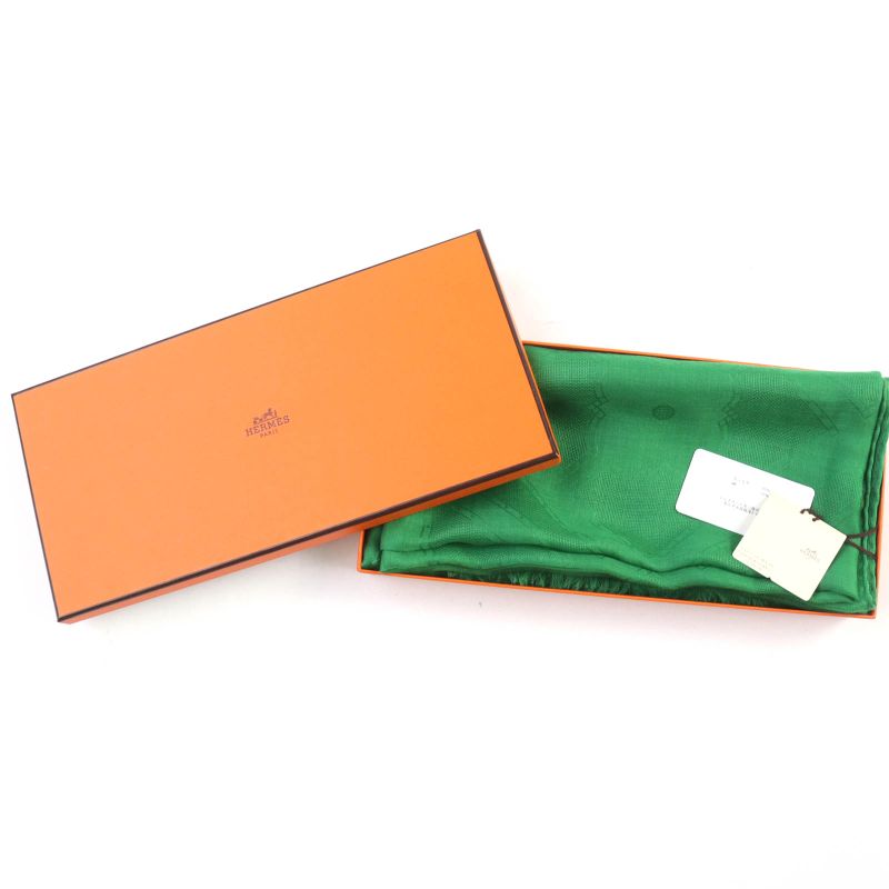 Hermes Sellier Cashmere Silk Fringe Large Shawl Scarf Green — view 2