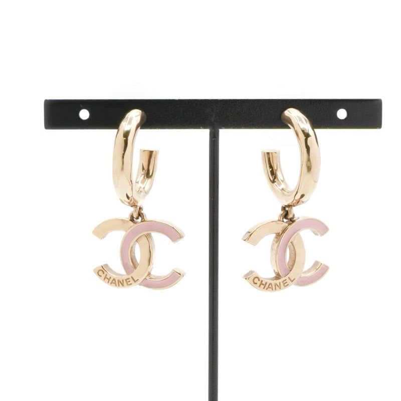 Chanel Earring Gold Pink Coco Mark Hoop Earrings — view 7