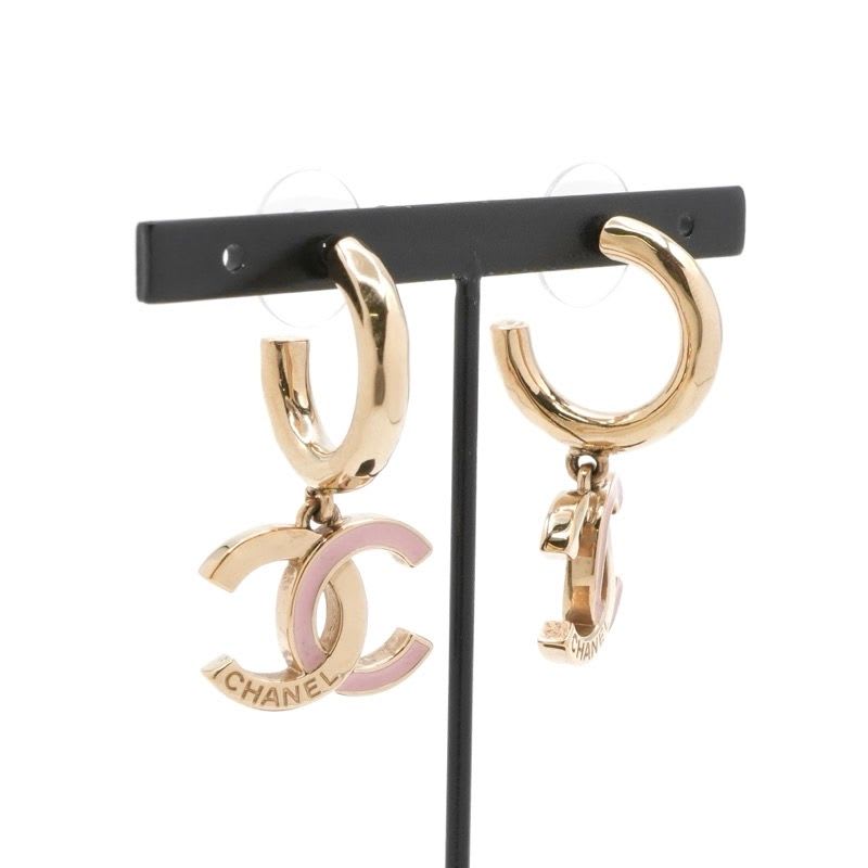 Chanel Earring Gold Pink Coco Mark Hoop Earrings — view 8