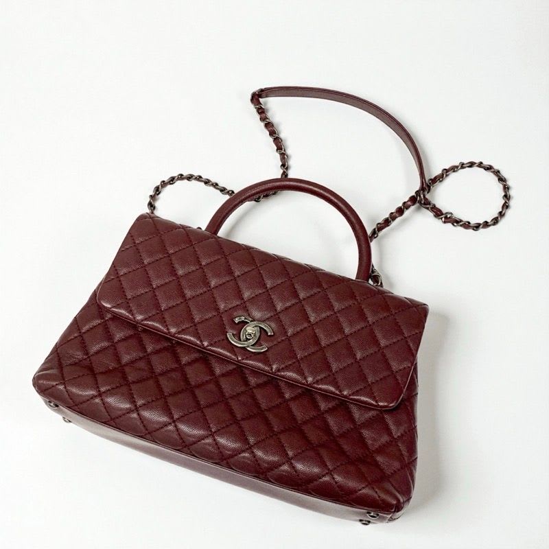 Chanel Bag Shoulder Caviar Leather Bordeaux Silver Quilted Coco Handle