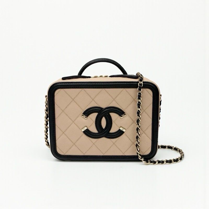 Chanel Bag Shoulder Caviar Leather Beige Black Gold CC Filigree
