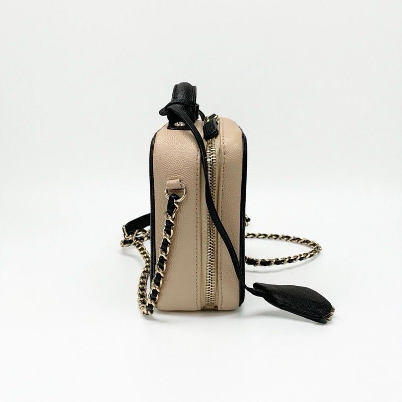 Chanel Bag Shoulder Caviar Leather Beige Black Gold CC Filigree