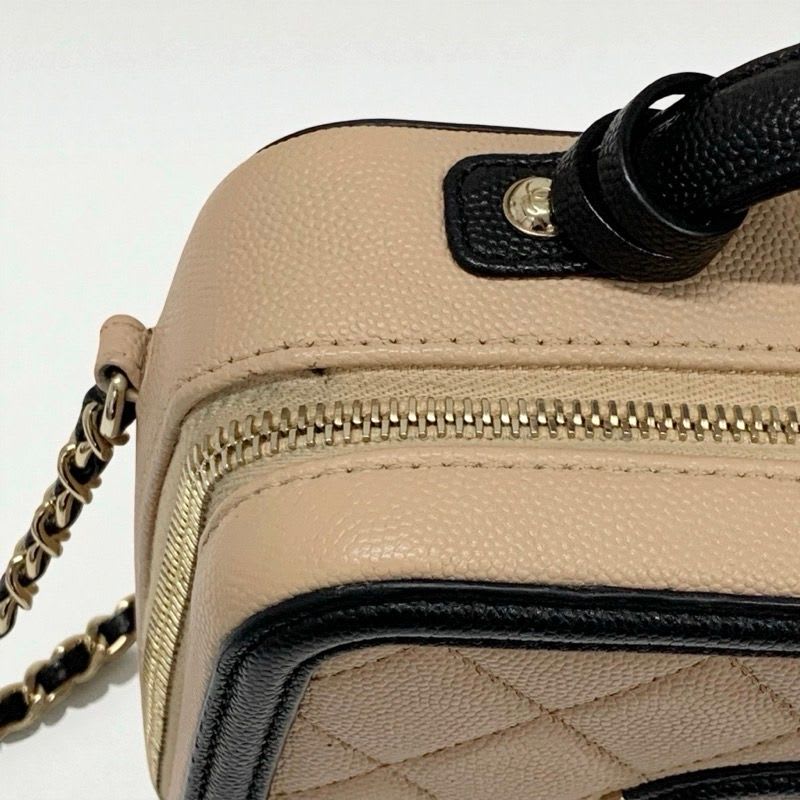 Chanel Bag Shoulder Caviar Leather Beige Black Gold CC Filigree