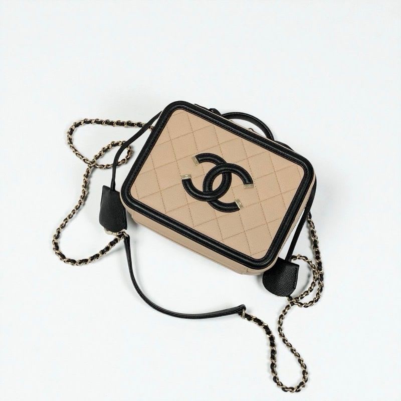 Chanel Bag Shoulder Caviar Leather Beige Black Gold CC Filigree