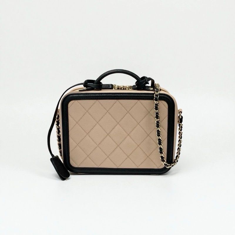 Chanel Bag Shoulder Caviar Leather Beige Black Gold CC Filigree