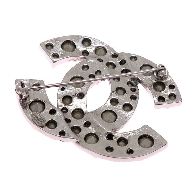 Chanel Crystal Embellished CC Logo Silver-Tone Brooch — view 3