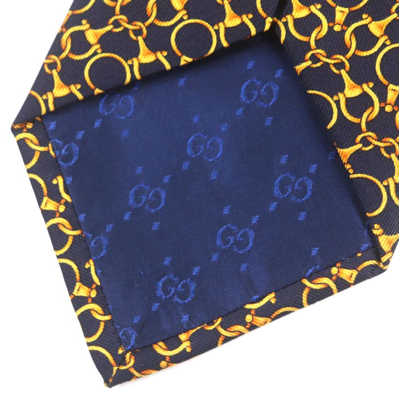 Gucci 100% Silk Cravat Bit Pattern Allover Tie Navy Gold Italymade — view 5