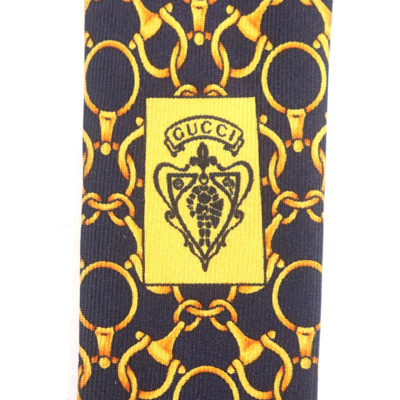 Gucci 100% Silk Cravat Bit Pattern Allover Tie Navy Gold Italymade — view 7