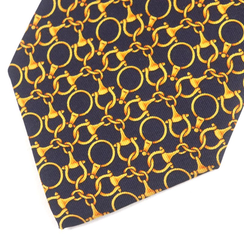 Gucci 100% Silk Cravat Bit Pattern Allover Tie Navy Gold Italymade — view 3
